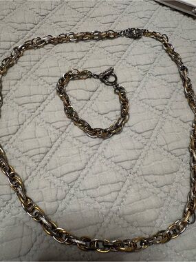 Tri-Tone Silver and Gold Link Necklace and Bracelet Set